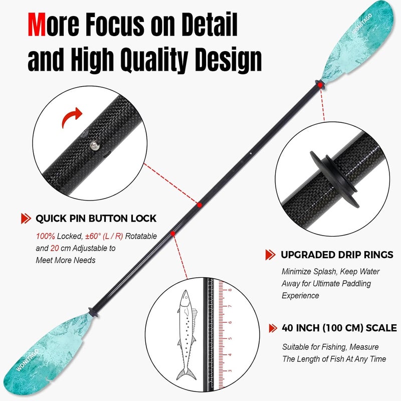 WONITAGO Angler Kayak Paddles Carbon Fiber Shaft and Plastic Blade, Floating Adjustable Fihsing Kayak Oars with Paddle Leash, 230-250cm/90-98 inch - Image 4